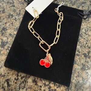 NEW! 🍒 14K gold plated chunky paper clip links bracelet with cherry charm.